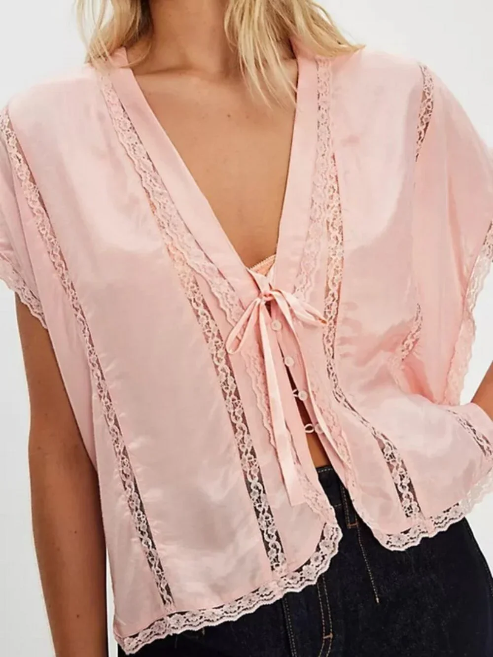 Free People Marigold Shine Lace Top Buttondown Lace V Neck Pink S